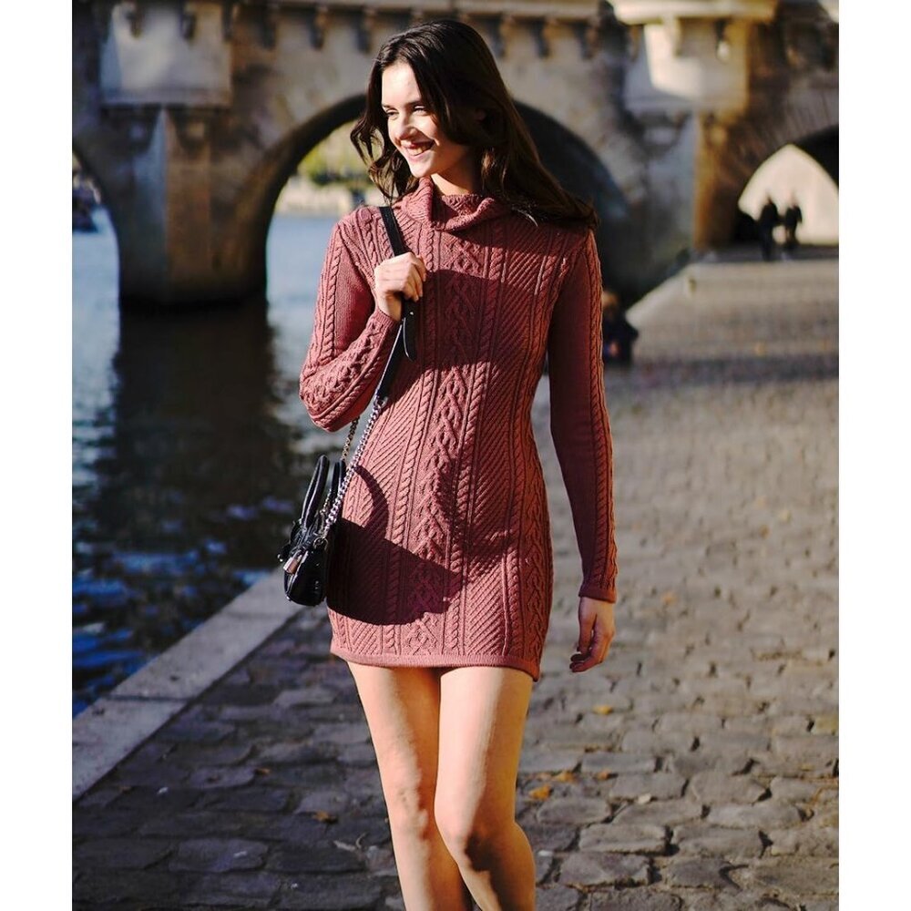 Women's Polo Neck Long Fitted Dress Bodycon Turtleneck Cable Knit Sweater Rouge - Picture 2 of 4